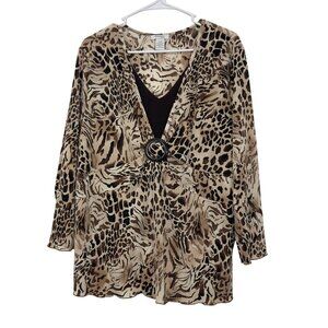 Dressbarn Womens Animal Print V-Neck Top Blouse 14-16 Ring Accent Pleated Fabric